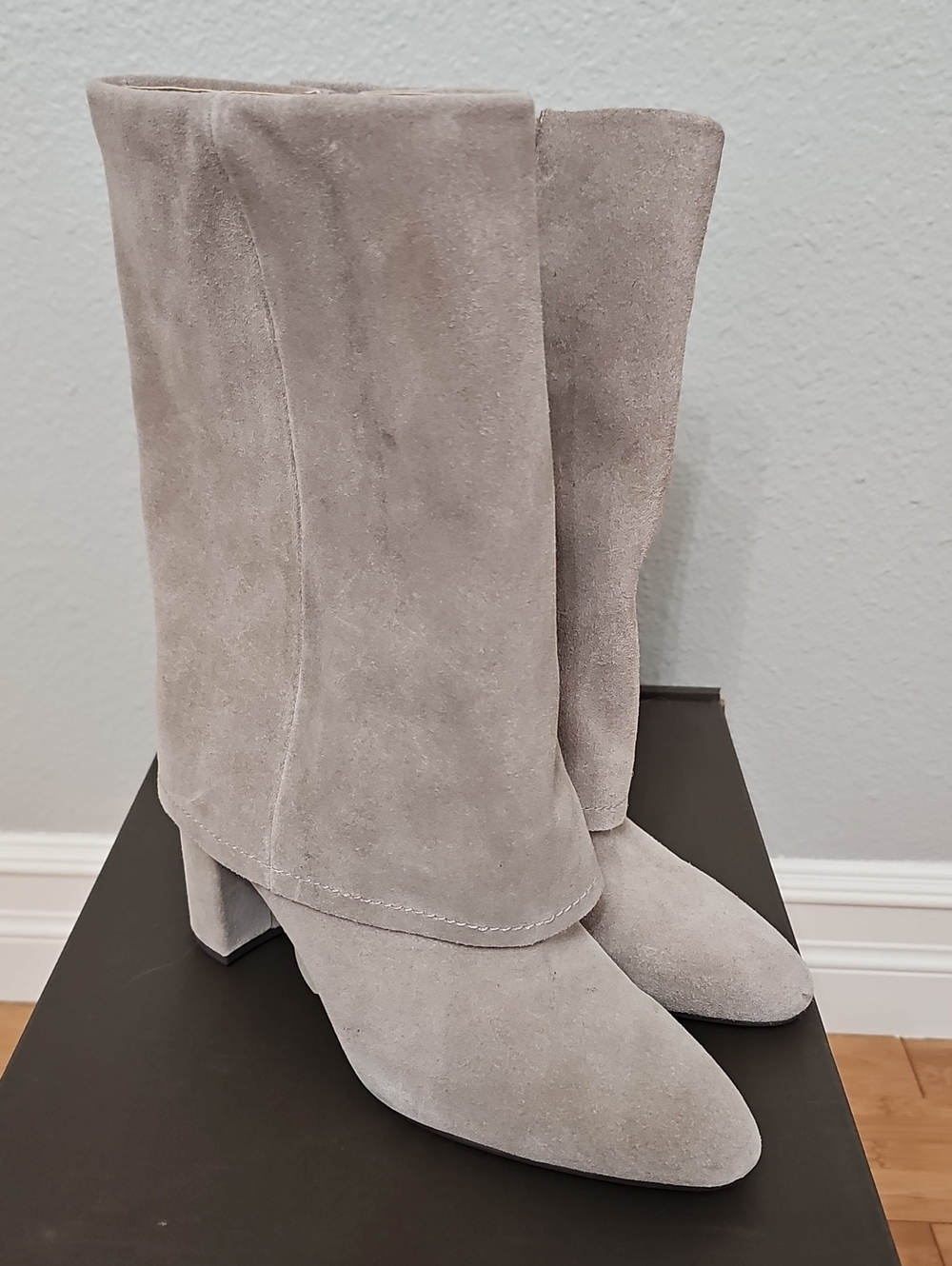 Vince Camuto Light Gray Suede Mid-Calf Block Heel Boots
